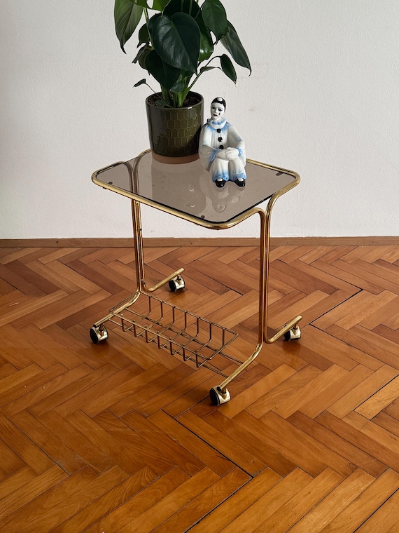 Vintage Brass & Glass Bar Cart / Mid Century Rolling Side Table / Italian Trolley Table / 1970s