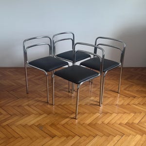 SET of 4 Black Vintage Chairs / Mid Century Modern Tubular Dining Chair / Space Age / Chrome Design / Italian Modernist / 1970s