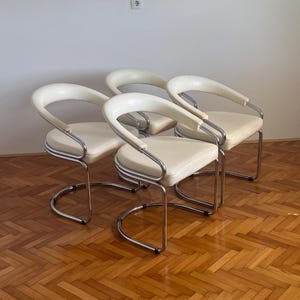 SET of 4 Chrome & White Dining Chairs / Cantilever Armchairs Designed by Giotto Stoppino / Mid Century Modern Elegant Italian Chair / 1970s