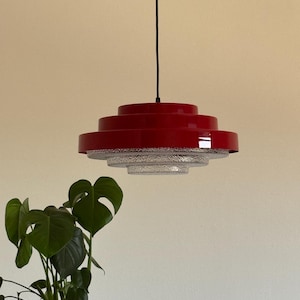 Vintage Space Age UFO Lamp / Red Plastic Pendant Light / Atomic Mid Century Ceiling Light / Retro Design / Made in Yugoslavia / 1980s
