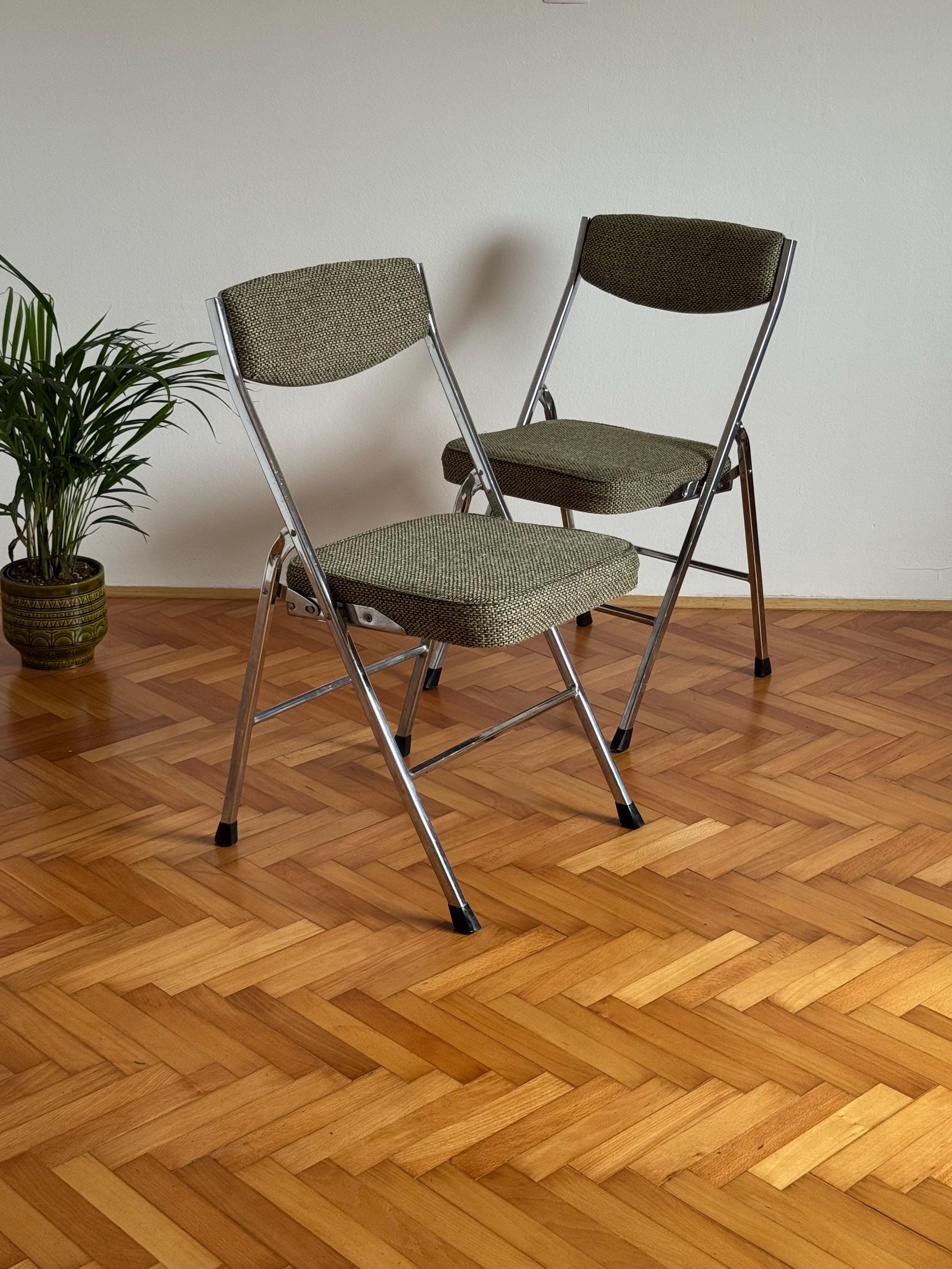 1 of 3 Vintage Upholstered Folding Chairs / Mid Century Chrome