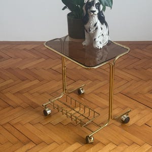 May include: A gold metal rolling cart with a glass top and a wire basket underneath. The cart has four wheels and is sitting on a wooden floor. A black and white porcelain dog figurine is sitting on the glass top.