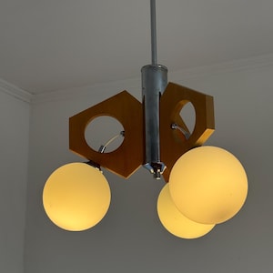 Vintage Wooden 3 Globe Chandelier / Mid Century Modern Chrome Pendant Lamp / Space Age Ceiling Light / Yugoslavia / 1970s