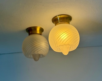 1 of 2 Vintage Frosted Spiral Glass Sconces / Brass Wall or Ceiling Lights / Italian Flush Mount Lamps / 1970s
