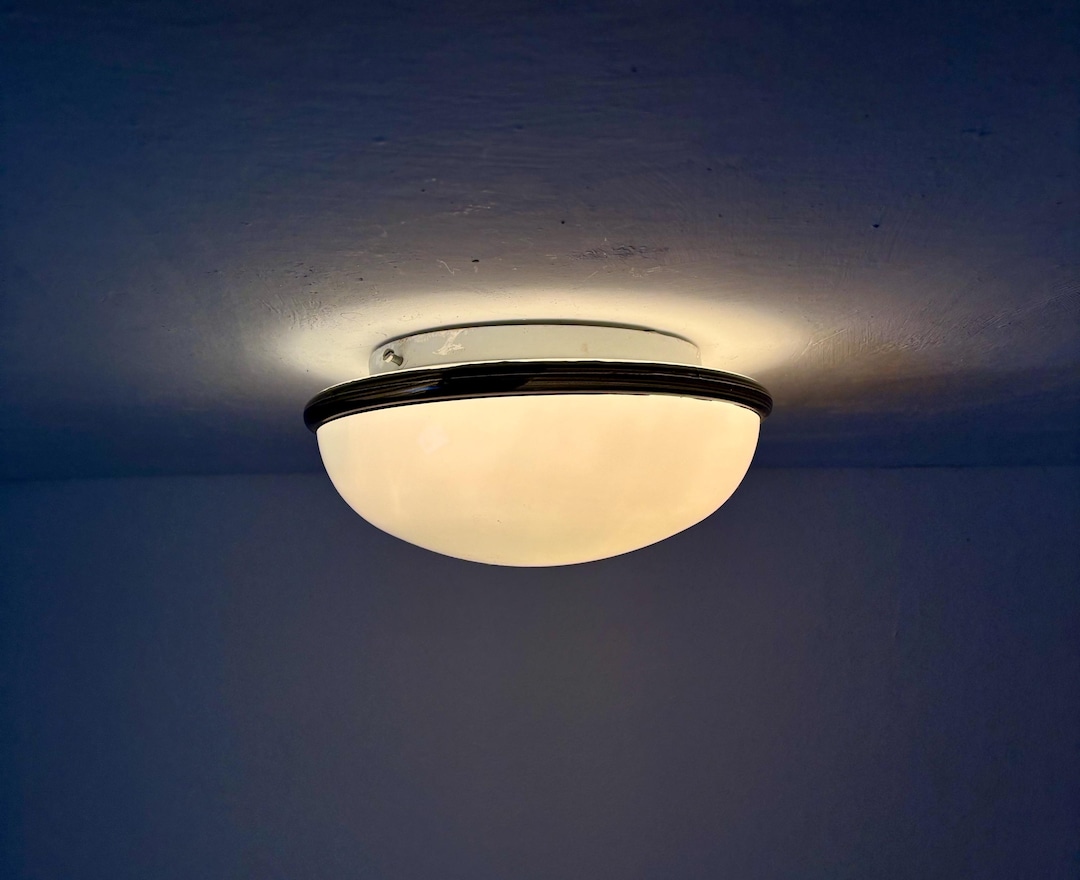 Vintage Round White Glass Ceiling or Wall Lamp With Black Rim / Mid ...
