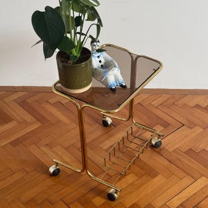 May include: A gold metal rolling cart with a glass top and a wire shelf. A green potted plant and a porcelain figurine are on the top shelf. The cart is on a wooden floor.