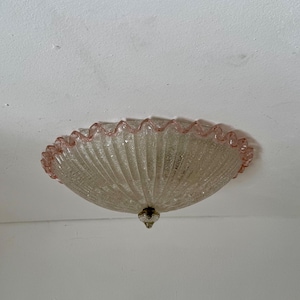 Vintage Murano Graniglia Glass Flush Mount / Italian Ribbed Dome Ceiling or Wall Light with Pink Edge / MCM Textured Glass Sconce / 1960s
