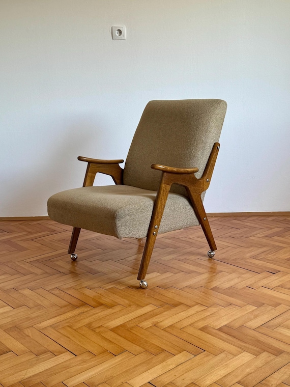 1 of 2 Rare Vintage Armchair on Wheels / MCM Wooden Upholstered Armchair / Beige Lounge Chair / Accent Chair / Remodeled / 1970s