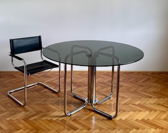 Vintage Round Smoked Glass Dining Table / MCM Italian Bauhaus Chrome Table / Space Age Modernist Table / 1970s