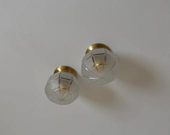 1 of 2 Vintage Brass and Clear Glass Flush Mount Light / Mid Century Ceiling or Wall Lamp / Geometric Globe Sconce / 1970s