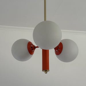 Mid Century Retro 3 Arms Orange Chandelier / Vintage Pendant Light with White Globes / Home Decor / Glass Balls / Yugoslavia / 1970s