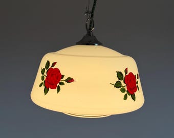 Vintage White Opaline Glass Pendant Lamp / Rose Floral Ceiling Light / Farmhouse Cottage Kitchen Lamp / Yugoslavia / 1960s