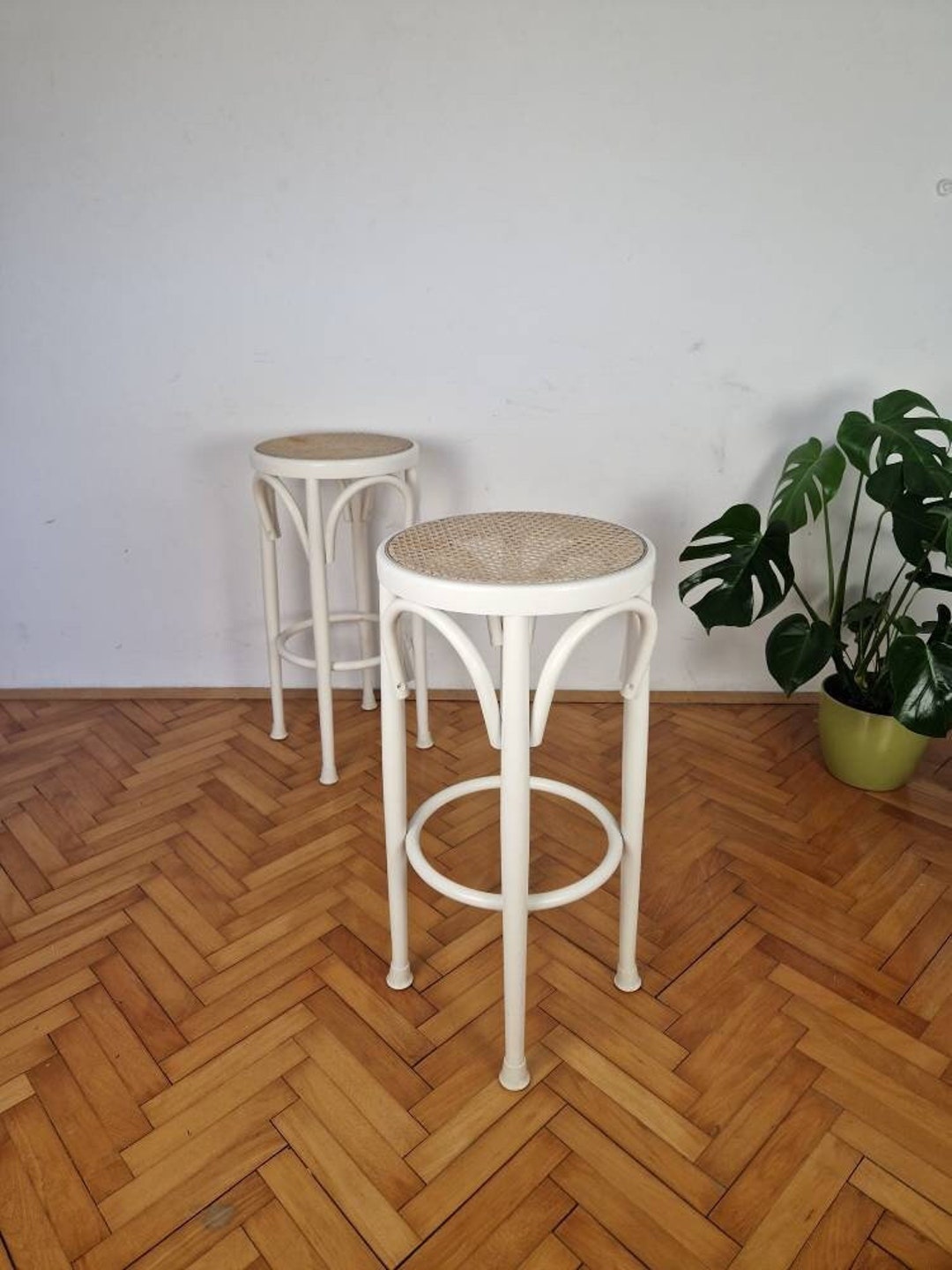 SET 2 Antique Bar Stools / Mid Century / Wood and Rattan /