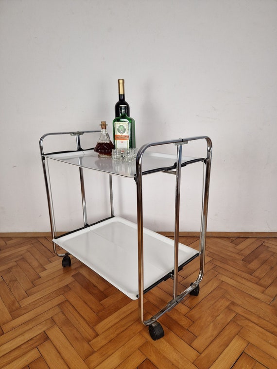Mid Century Modern Folding White and Silver Serving Bar Cart