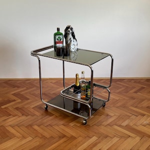 Vintage Chrome Bar Cart / Mid Century Modern Smoked Glass Serving Trolley / Made in Italy / 1970s