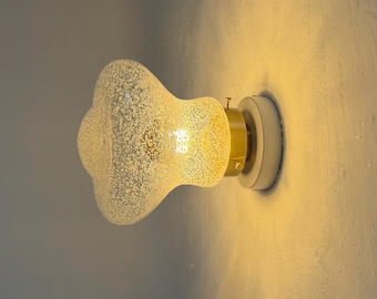 Vintage Clouded Glass Wall or Ceiling Lamp / Italian Mid Century Flush Mount Light / White Speckled Glass Sconce / 1970s