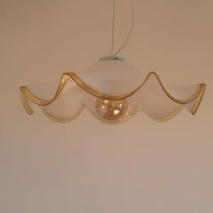 Vintage White Murano Glass Style Ceiling Light / Wavy Amber Rim Pendant Lamp / Mid Century Modern Lighting / Italy / 1970s