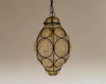 Vintage Venetian Murano Caged Glass Pendant Lamp / Italian Amber Textured Glass Lantern / Mid century Ceiling Light / 1940s