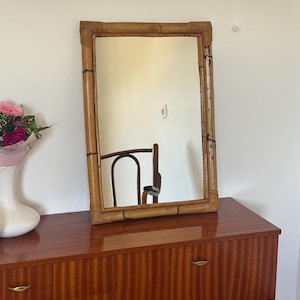 Vintage Real Bamboo Wall Mirror / Italian Rectangular Boho Mirror / Mid Century Wall Decor / 1980s Retro Home Accent Piece