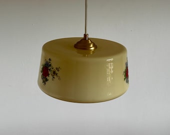 Vintage Beige Opaline Glass Pendant Lamp / Mid Century Floral Ceiling Light / Retro Farmhouse Lamp / Cottage / Yugoslavia / 1960s