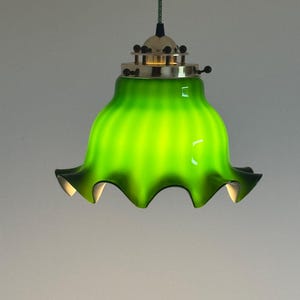 Vintage Green Glass Pendant Lamp / Mid Century Modern Ceiling Wavy Lamp / Designed by Peill & Putzler / Germany / 1970s