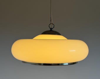 Vintage Space Age White Pendant Lamp with Chrome Ring / Mid Century Modern Plastic UFO Ceiling Light / Made in Yugoslavia / 1970s