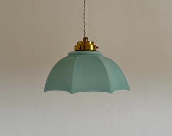 Vintage Aqua Blue Glass Pendant Lamp / Mid Century Umbrella Ceiling Light / Italian Scalloped Hanging Lamp / 1970s