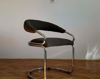 Vintage Chrome & Silver Dining Chair / Cantilever Armchair Designed by Giotto Stoppino / Mid Century Modern Elegant Italian Chair / 1970s