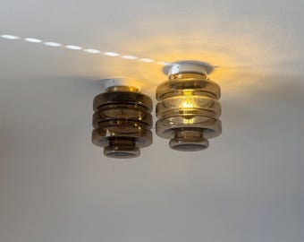 1 of 2 Vintage Smoked Glass Wall or Ceiling Light / Italian Mid Century Ribbed Flush Mount Sconce / Sculptural Lamp / 1970s