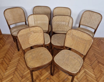 1 de 8 sillas Thonet raras / silla de comedor / Modelo Praga / Diseñado por Josef Hoffmann / Sillas de ratán / Mediados de siglo / 1960 / Yugoslavia