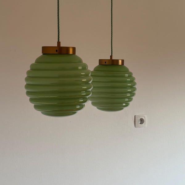 1 of 2 Vintage Green Globe Pendant Light / Art Deco Glass Globe / Retro Ceiling Lamp / Sphere Lamp / Glass Ball / Yugoslavia / 1950s