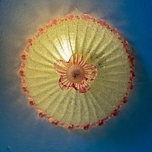 May include: A circular glass ceiling light fixture featuring a textured, pale yellow, ribbed surface with a ruffled pink edge. A central pink glass flower ornament with a textured, dark-colored center is attached to the middle of the light.