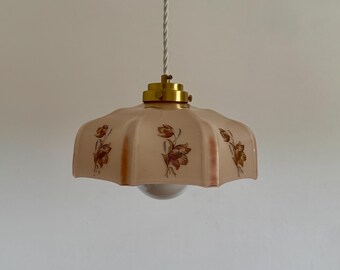Vintage Pink Glass Pendant Lamp / Floral Art Deco Ceiling Light / Brass Hanging Lamp / Mid Century Lighting / 1950s