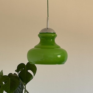 Vintage Light Green Opaline Glass Pendant Light / Mid Century Modern Ceiling Lamp / Retro Hanging Light Fixture / Yugoslavia / 1970s