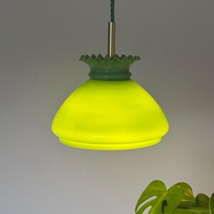 Vintage Opaline Glass Pendant Light / Ceiling Green Glass Light / MCM Pendant Light / Mid Century Modern Hanging Light / 70s Light