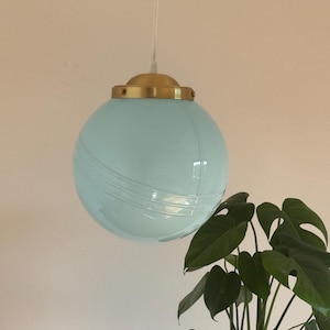 Vintage Art Deco Blue Glass Globe Pendant Lamp / Mid Century Modern Sphere Ceiling Light / Made in Italy / 1960s