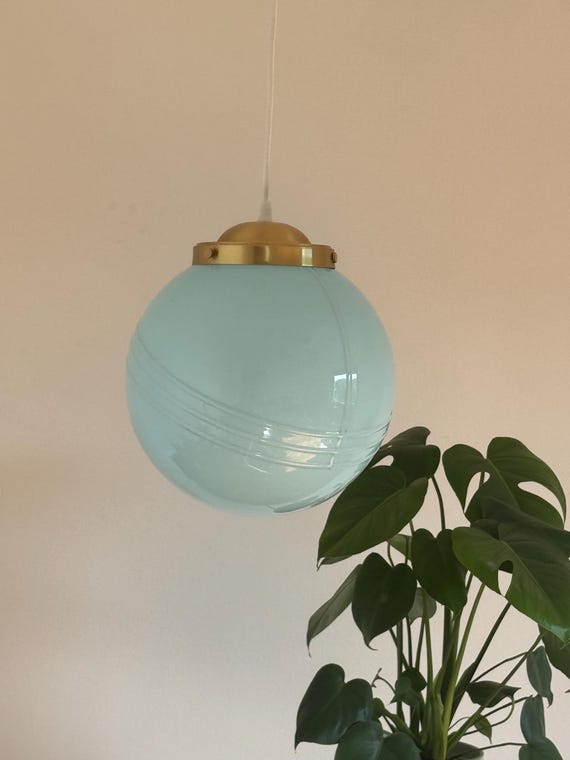 Vintage Art Deco Blue Glass Globe Pendant Lamp / Mid Century Modern Sphere Ceiling Light / Made in Italy / 1960s