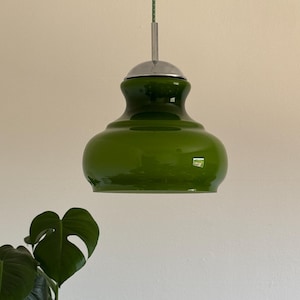 Vintage Green Opaline Glass Pendant Light / Mid Century Modern Ceiling Lamp / MCM Hanging Light Fixture / Made in Yugoslavia / 1970s