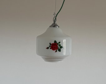 Vintage White Opaline Glass Pendant Lamp / Red Rose Ceiling Light / Retro Kitchen Farmhouse Light / Cottage / Yugoslavia / 1960s
