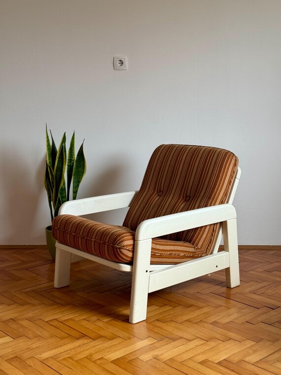 Mid Century Modern Wooden Armchair / Vintage Lounge Chair / Upholstered Armchair / Made in Austria / 1970s