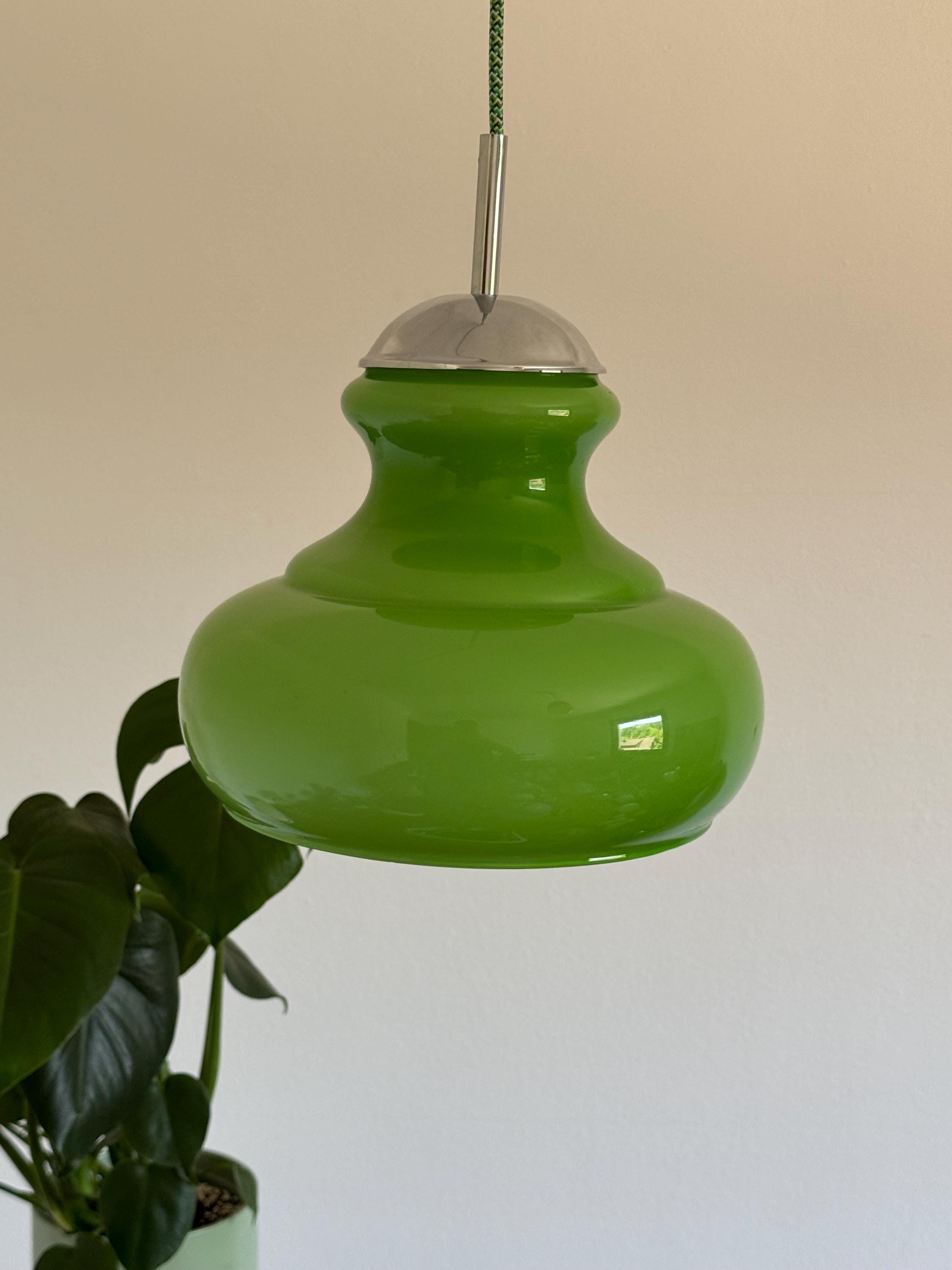 Vintage Light Green Opaline Glass Pendant Light / Mid Century