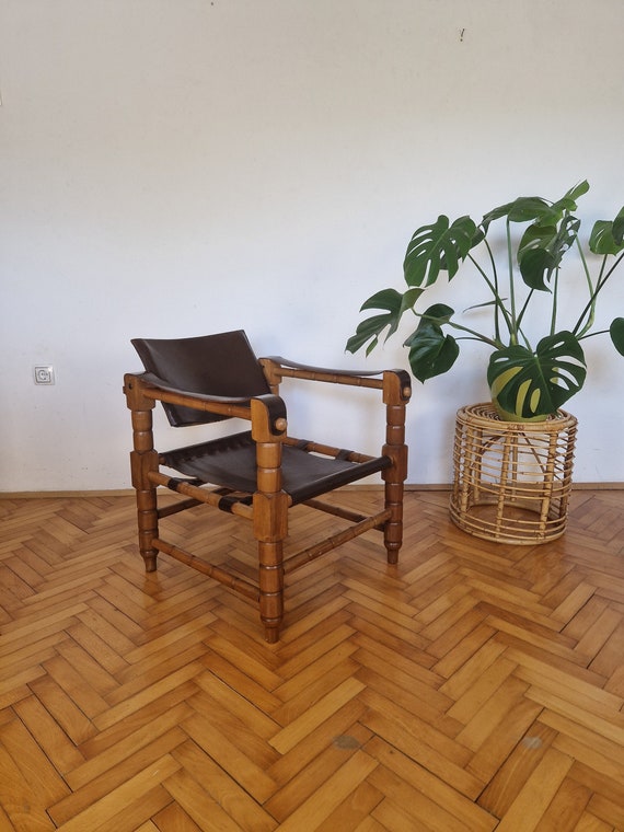 1 of 2 Mid Century Brown Leather Armchair / African Armchair / Vintage Wooden Brown Armchair / Lounge Chair / Made in Africa / 1970s