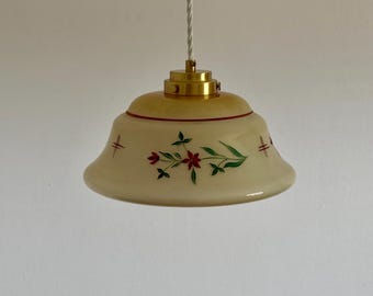 Vintage Beige Opaline Glass Pendant Lamp / Mid Century Floral Ceiling Light / Retro Farmhouse Lamp / Cottage / Yugoslavia / 1960s