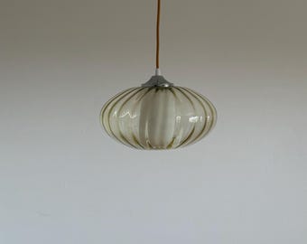 Vintage Ribbed Green Glass Pendant Lamp with Inner White Diffuser / Mid Century Modern Ceiling Light / Yugoslavia / 1970s