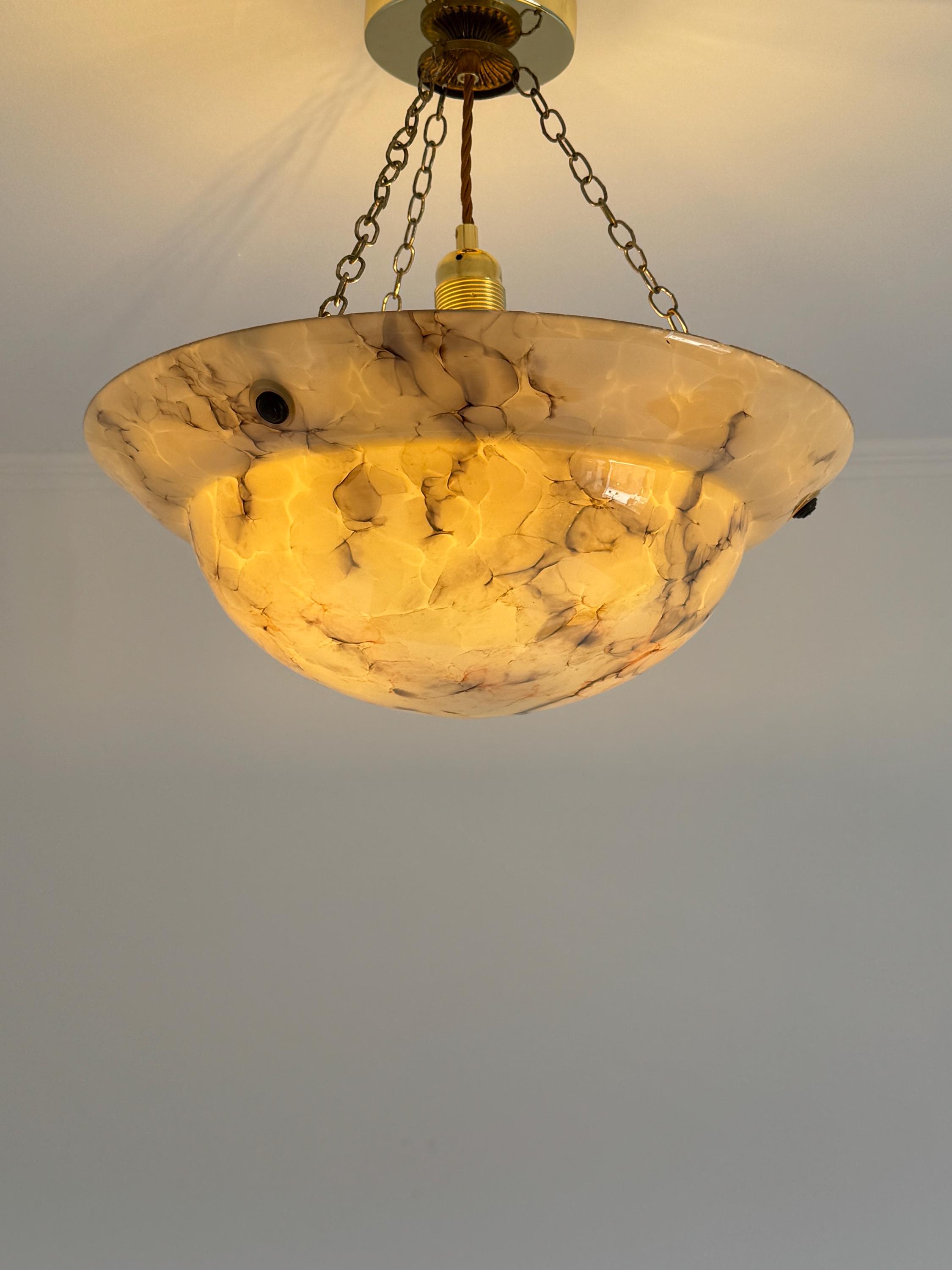 Vintage Beige Art Deco Marbled Glass Pendant Lamp / Mid Century