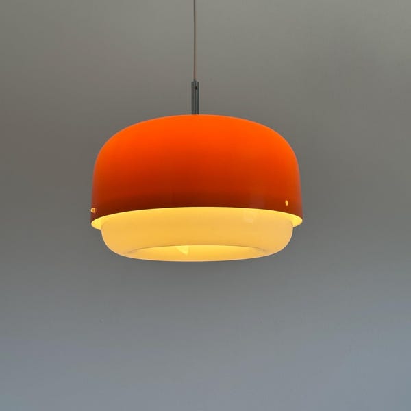 Meblo Guzzini Medusa Ceiling Light / Orange & White Pendant Lamp / Luigi Massoni Design / Space Age Lighting  / 1970s