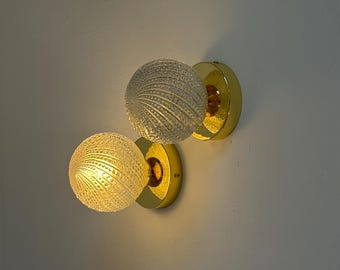 1 of 2 Vintage Textured Glass Globe Sconce / Mid Century Flush Mount Wall or Ceiling Light / Brass Lamp / Yugoslavia / 1970s