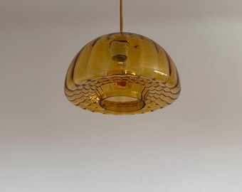 Vintage Honey Amber Glass Pendant Lamp / Space Age Ribbed Ceiling Light / Mid Century Modern UFO Lamp / Yugoslavia / 1970s