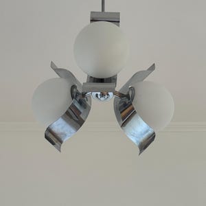 Mid Century Modern Chrome Chandelier / Space Age Pendant Light / Vintage 4 Glass Globe Ceiling Lamp  / Made in Italy / 1970s