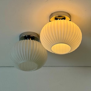 1 of 3 Vintage Minimalistic White Opal Glass Ceiling Light or Wall Sconce / Ribbed Globe Light / MCM Flush Mount Lamp / Italy / 1970s